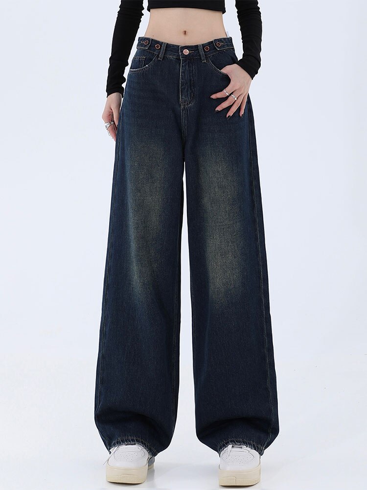 Vintage Dark Blue Women&s Jeans Fashion Trousers Streetwear High Waist Wide Leg Autumn Y2K Baggy Casual Straight Mom Denim Pants